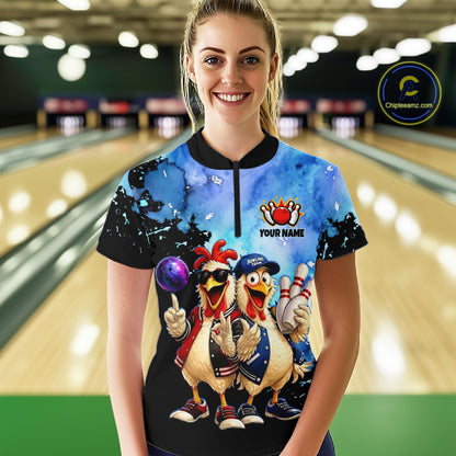 Custom Funny Chicken Bowling Team Shirt for Women Bowling League Jersey Polo & Quarter-Zip Outfit QZT1085
