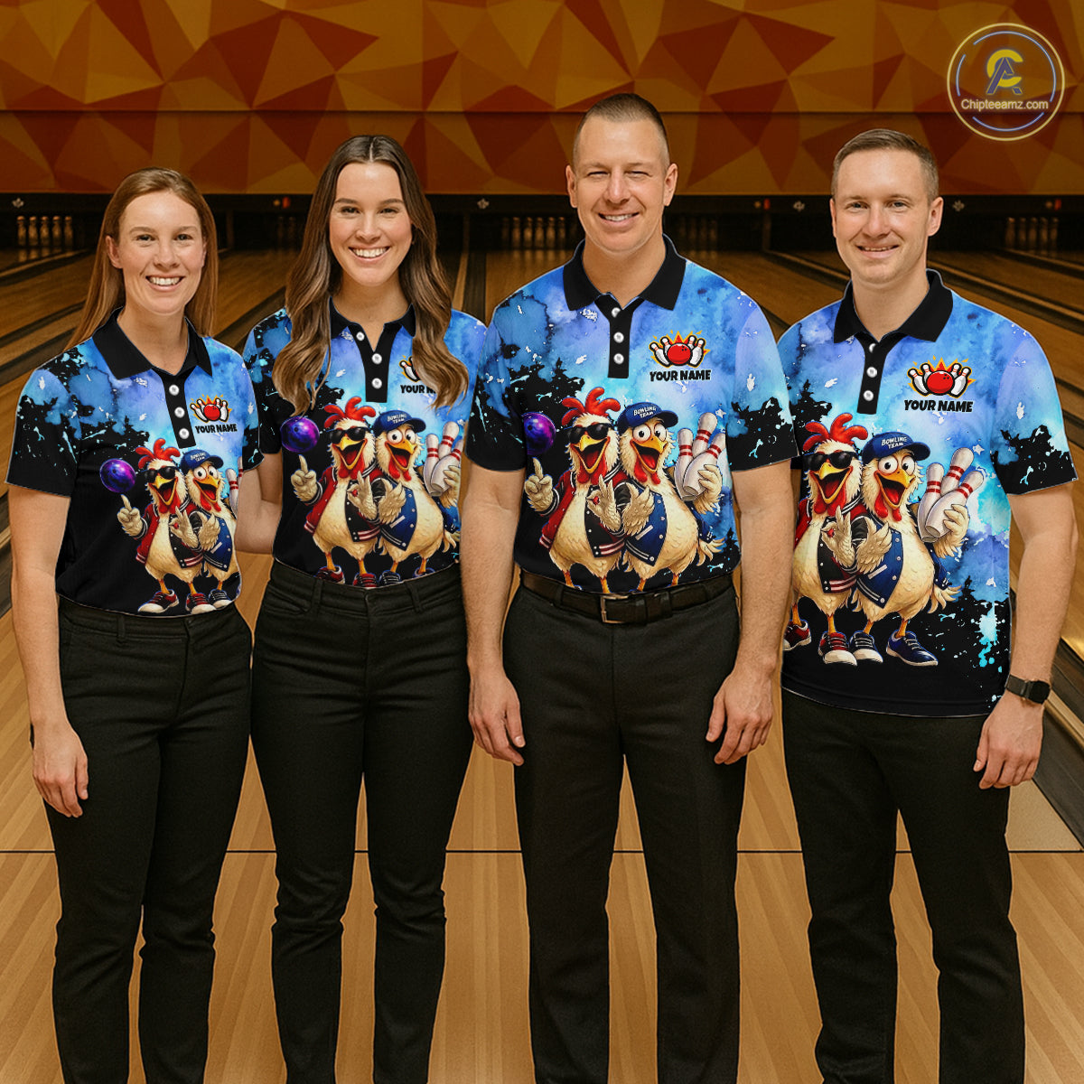 Four people wearing matching bowling shirts with cartoon chicken designs on a bowling alley.
