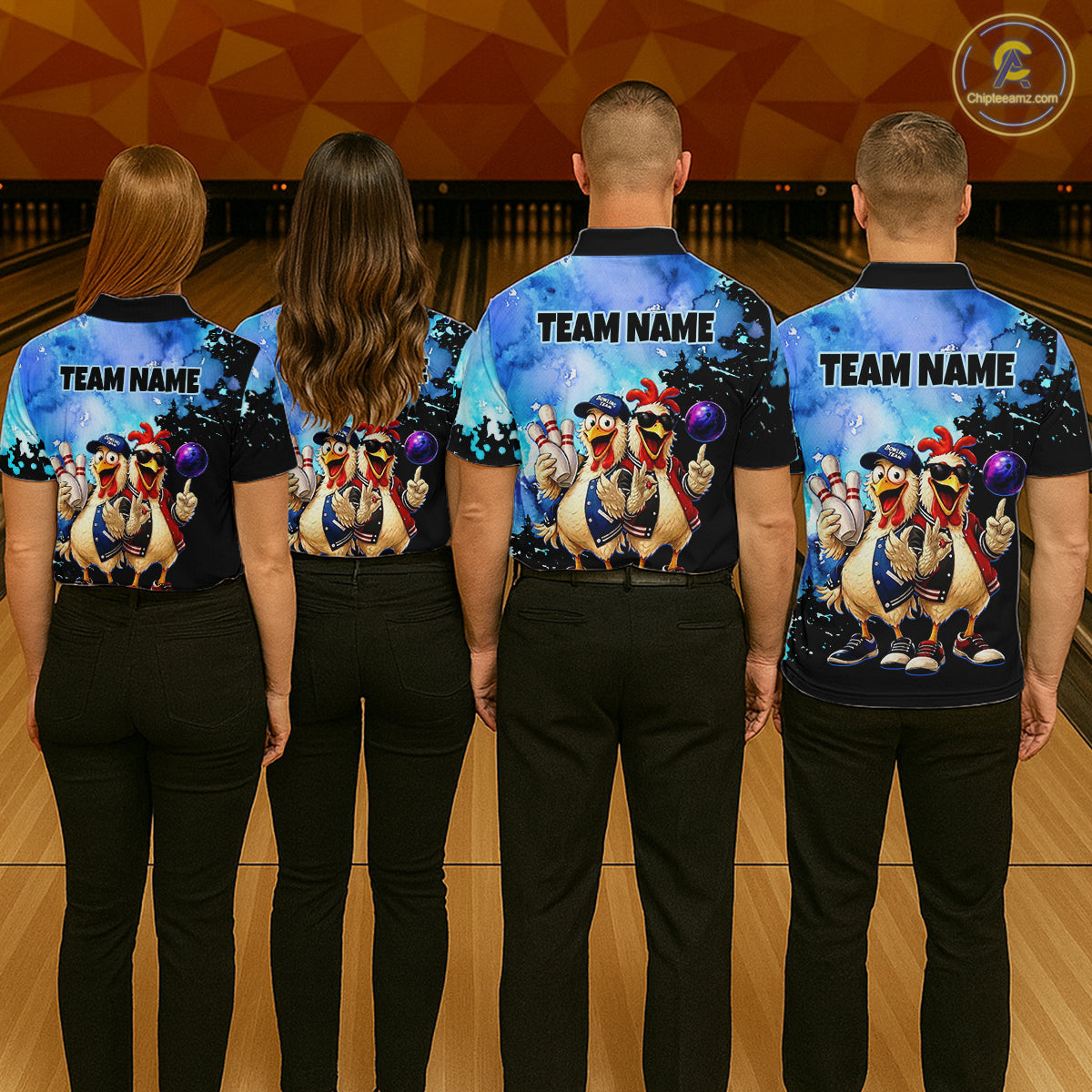Four people wearing matching bowling shirts with cartoon characters on a bowling alley.