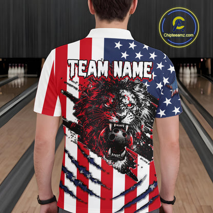 Person wearing a shirt with a graphic design of a lion and 'Team Name' text in a bowling alley.