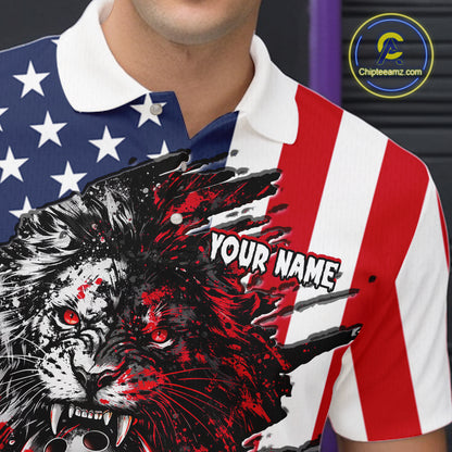 Person wearing a shirt with a graphic design of a lion and 'Your Name' text, with an American flag pattern.