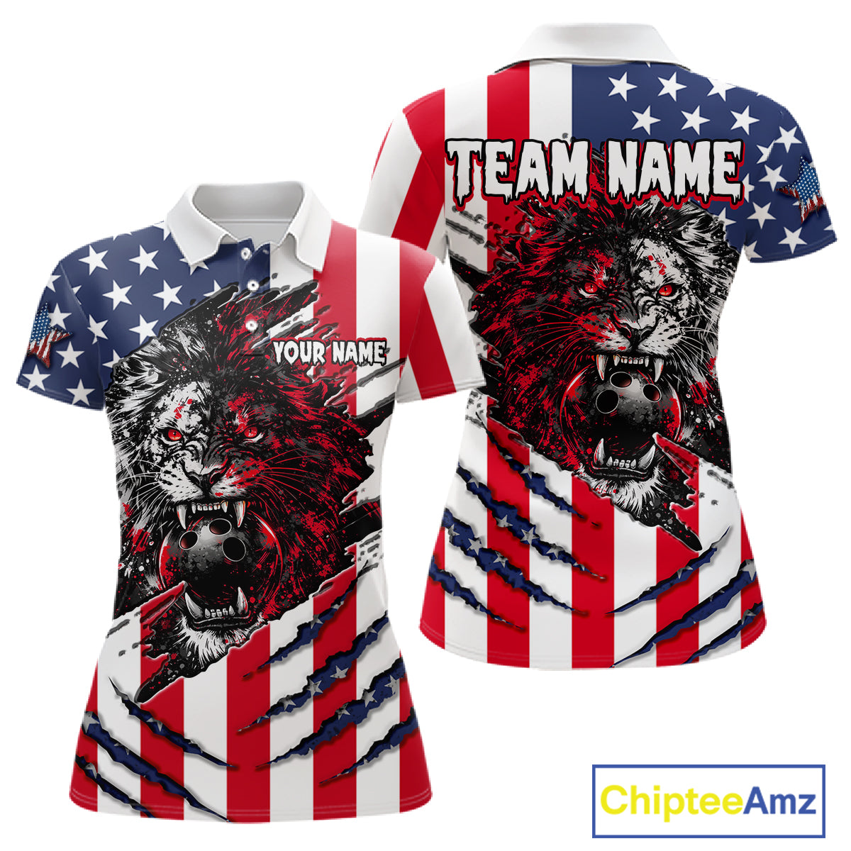 American flag-themed polo shirt with a lion design and customizable text, featuring the brand 'Chiptee Amz'.