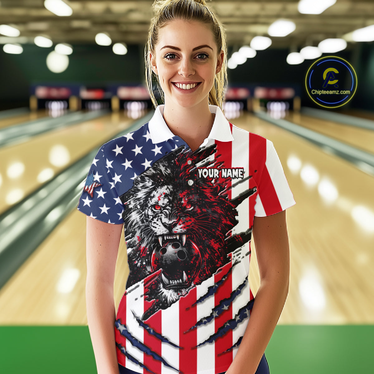 Woman wearing a custom polo shirt with a lion design and American flag pattern in a bowling alley.