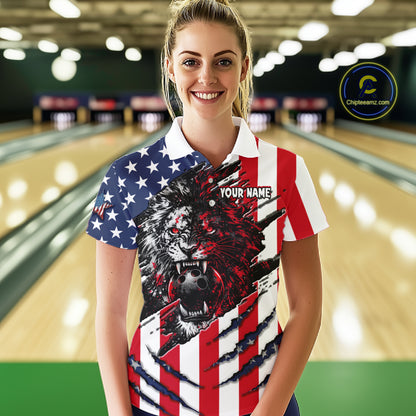 Woman wearing a custom polo shirt with a lion design and American flag pattern in a bowling alley.