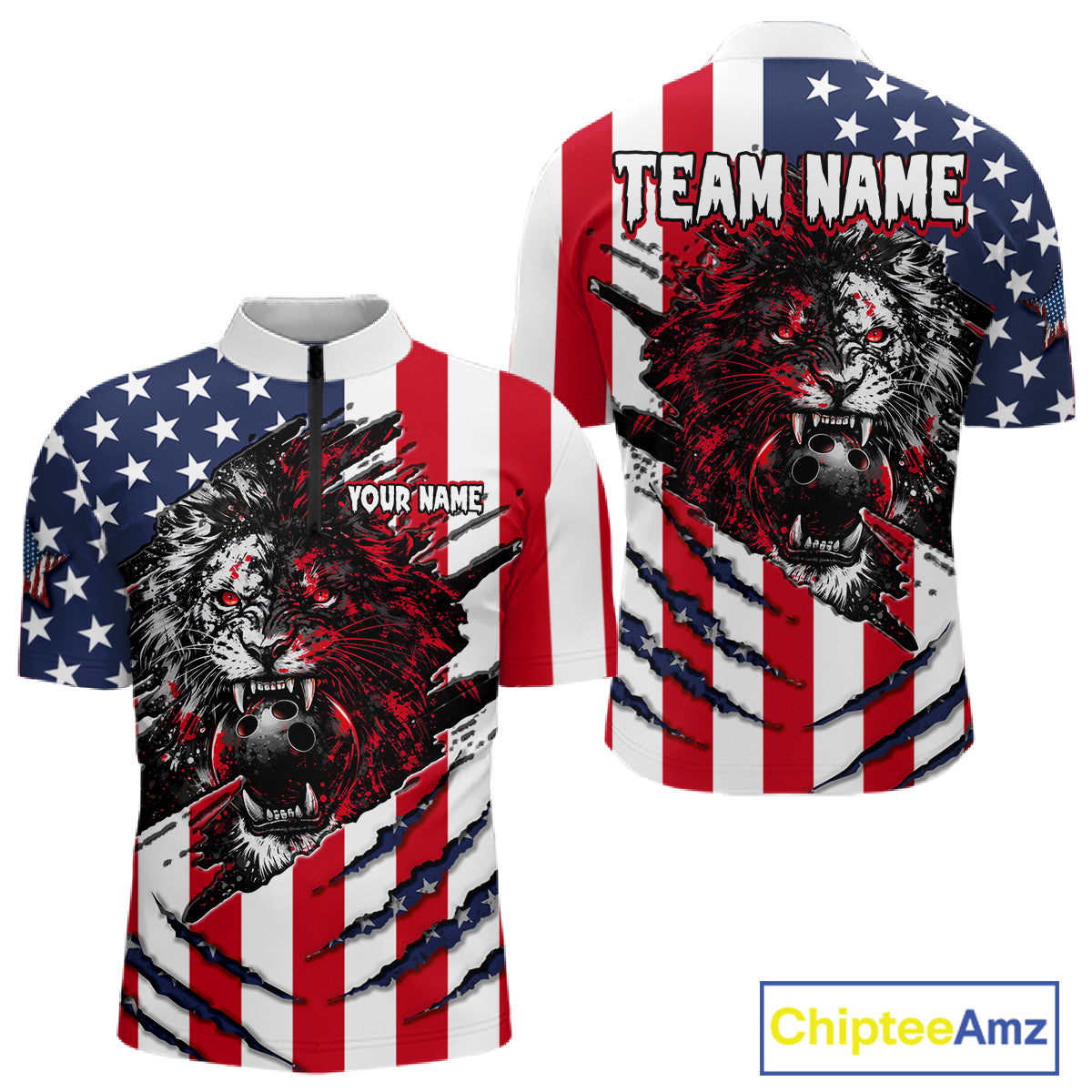 American flag-themed shirt with a lion design and customizable text on a white background.
