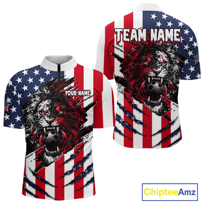 American flag-themed shirt with a lion design and customizable text on a white background.