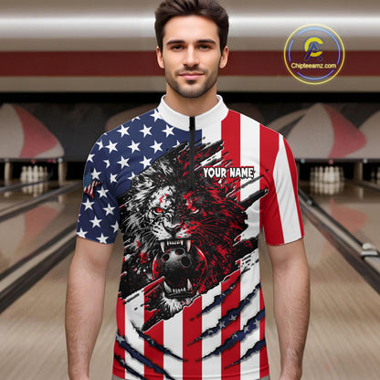 Man wearing a shirt with an American flag design and a lion graphic in a bowling alley.