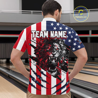 Man wearing a t-shirt with a lion graphic and 'TEAM NAME' text in an American flag pattern.