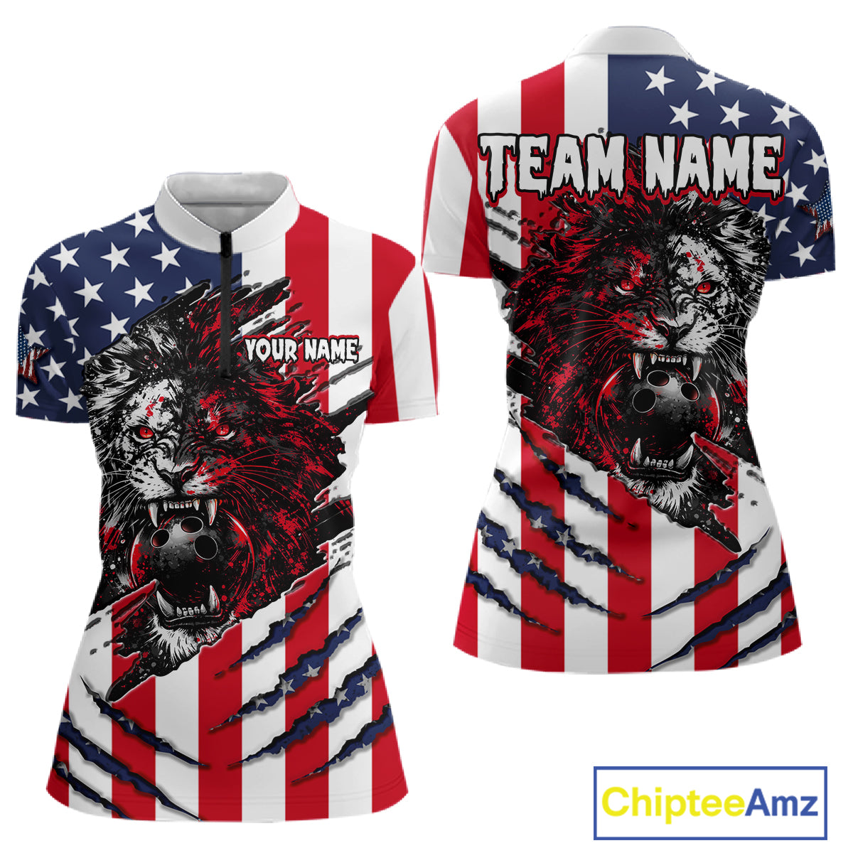 American flag-themed shirt with a lion design on a white background, featuring 'Chiptee Amz' branding.