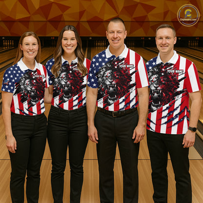 Four people wearing matching American flag-themed shirts in a bowling alley.