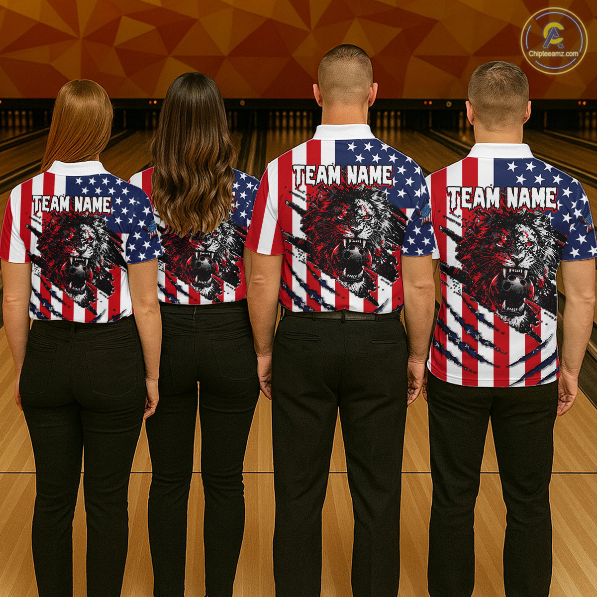 Four people wearing matching American flag-themed shirts with a lion graphic on a bowling alley.