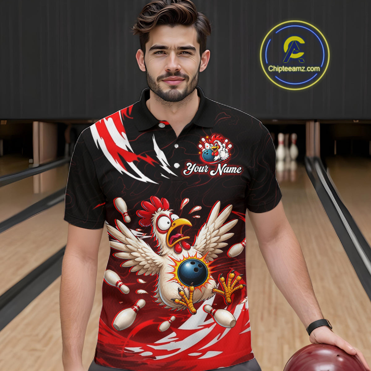 Custom Red Funny Chicken Bowling Shirt for Men Bowling Team Jersey Polo & Quarter-Zip Outfit QZT1088