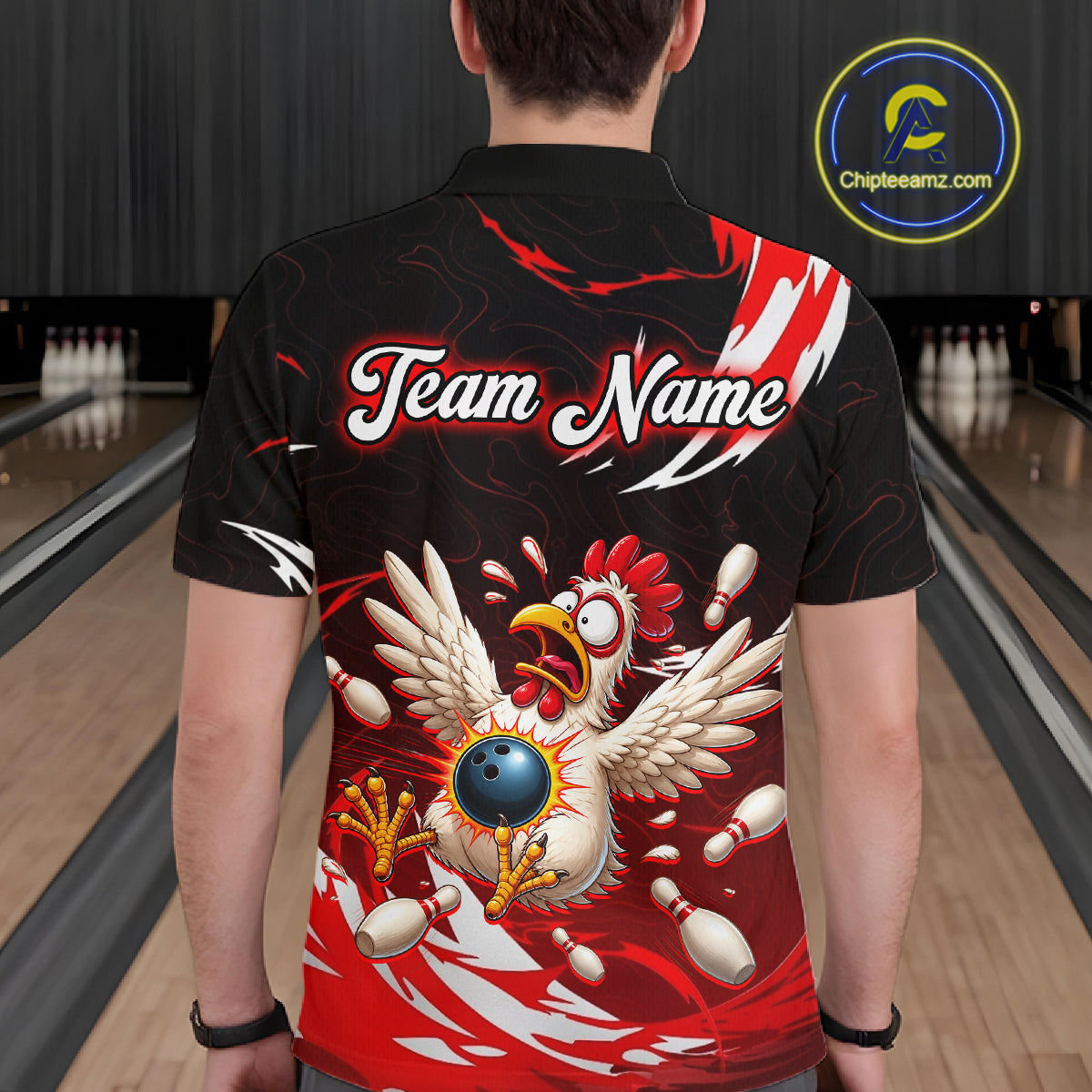 Custom Red Funny Chicken Bowling Shirt for Men Bowling Team Jersey Polo & Quarter-Zip Outfit QZT1088