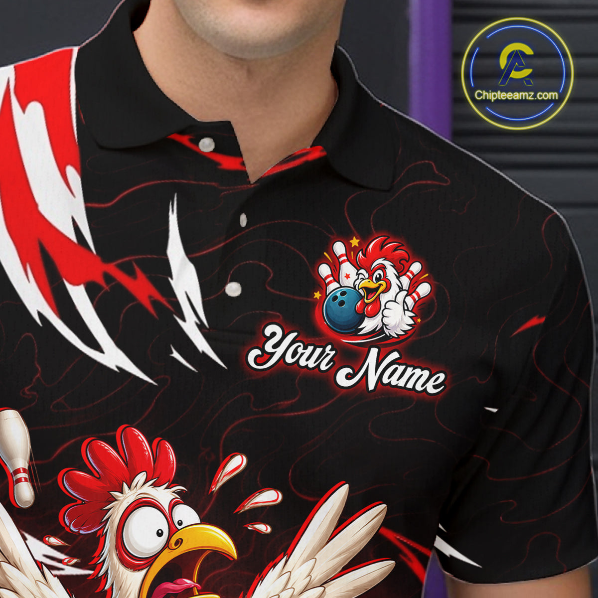 Custom Red Funny Chicken Bowling Shirt for Men Bowling Team Jersey Polo & Quarter-Zip Outfit QZT1088