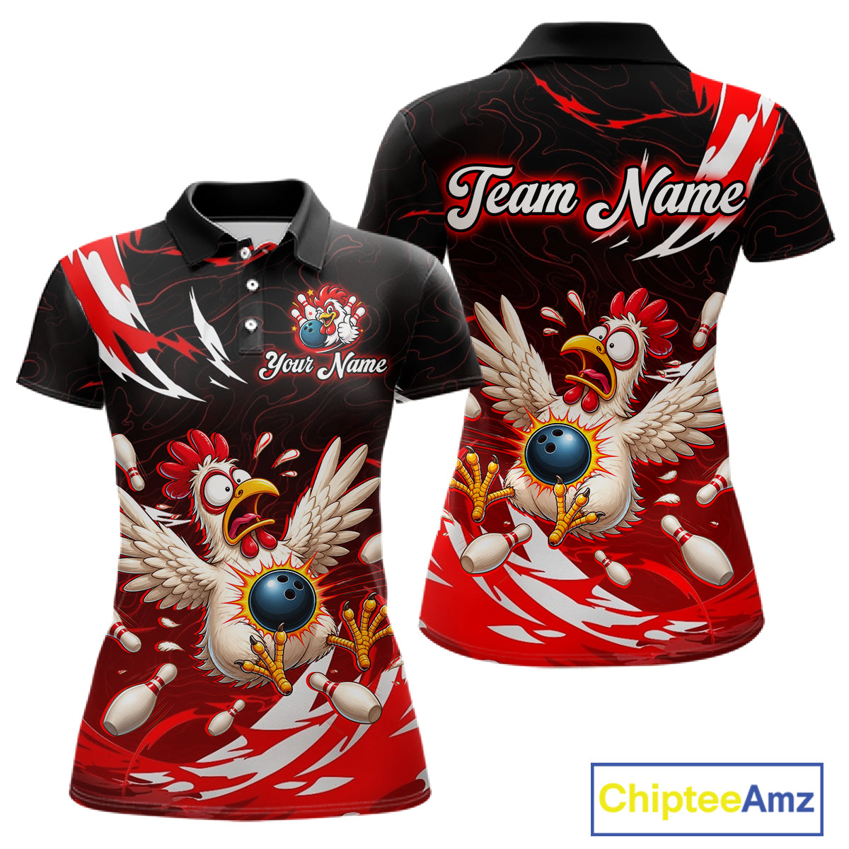 Black and red polo shirt with chicken design and 'Team Name' text, featuring Chiptee Amz branding.