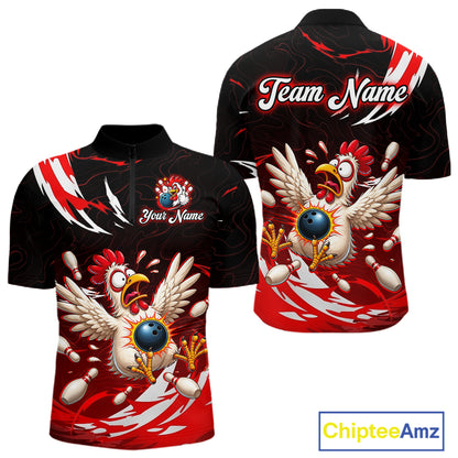 Custom Red Funny Chicken Bowling Shirt for Men Bowling Team Jersey Polo & Quarter-Zip Outfit QZT1088