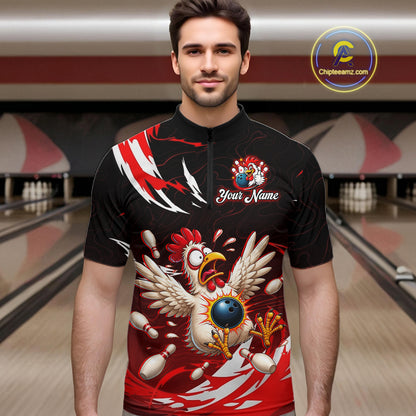 Custom Red Funny Chicken Bowling Shirt for Men Bowling Team Jersey Polo & Quarter-Zip Outfit QZT1088