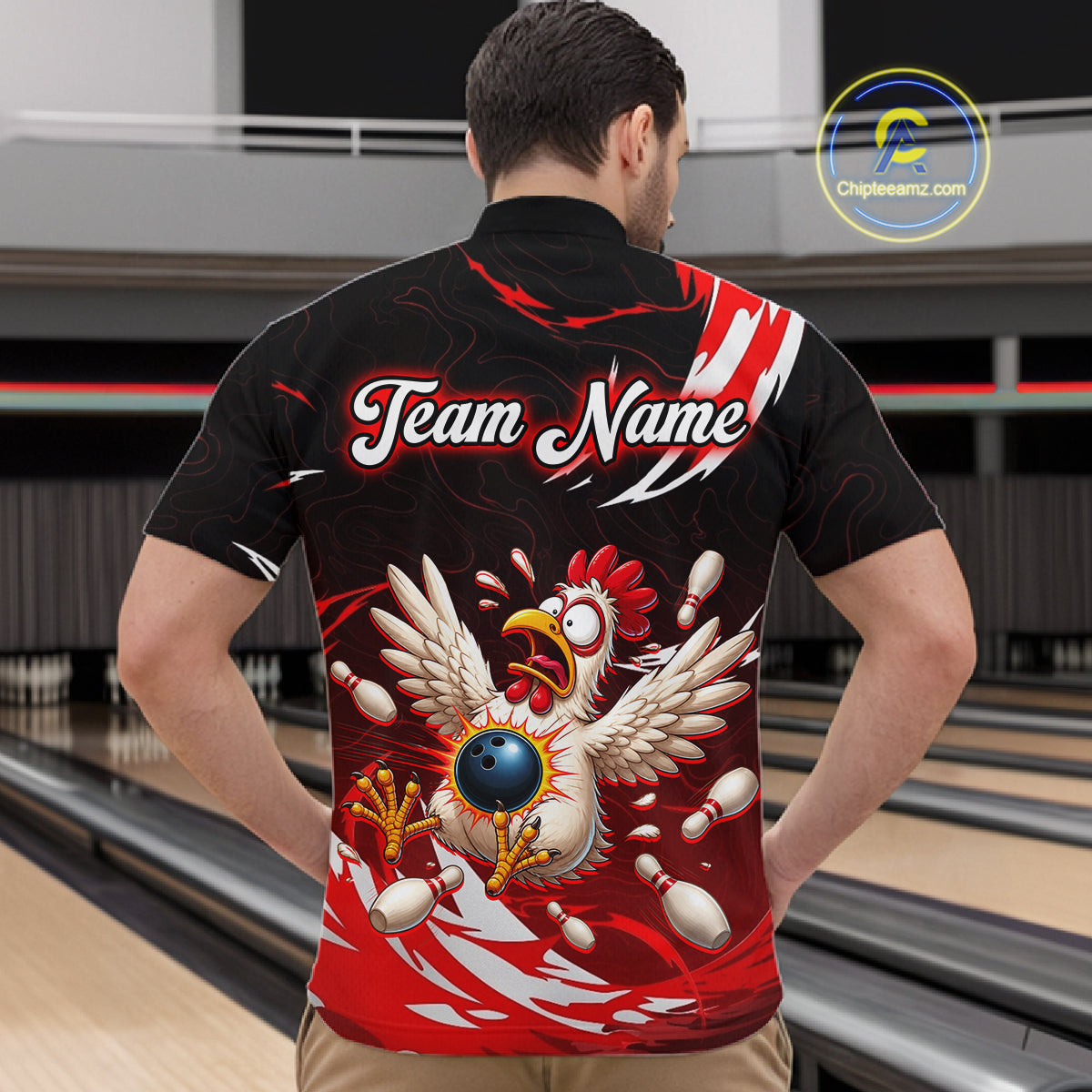 Custom Red Funny Chicken Bowling Shirt for Men Bowling Team Jersey Polo & Quarter-Zip Outfit QZT1088