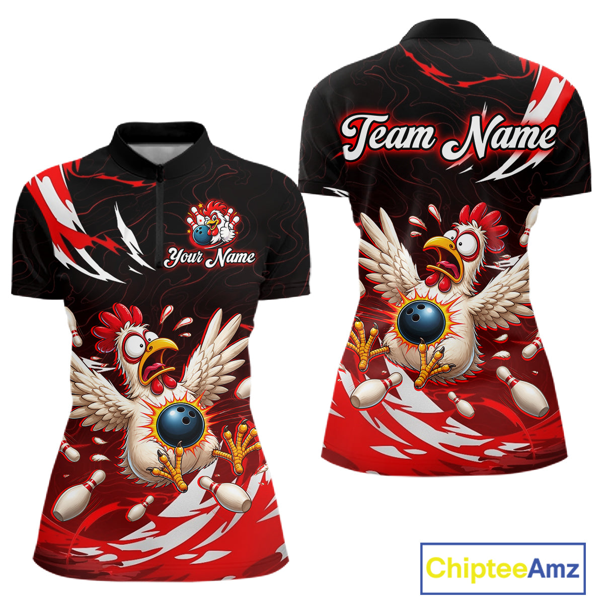 Black and red polo shirt with chicken design and 'Team Name' text on a white background