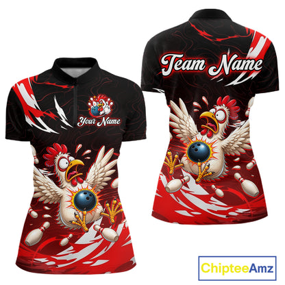 Black and red polo shirt with chicken design and 'Team Name' text on a white background