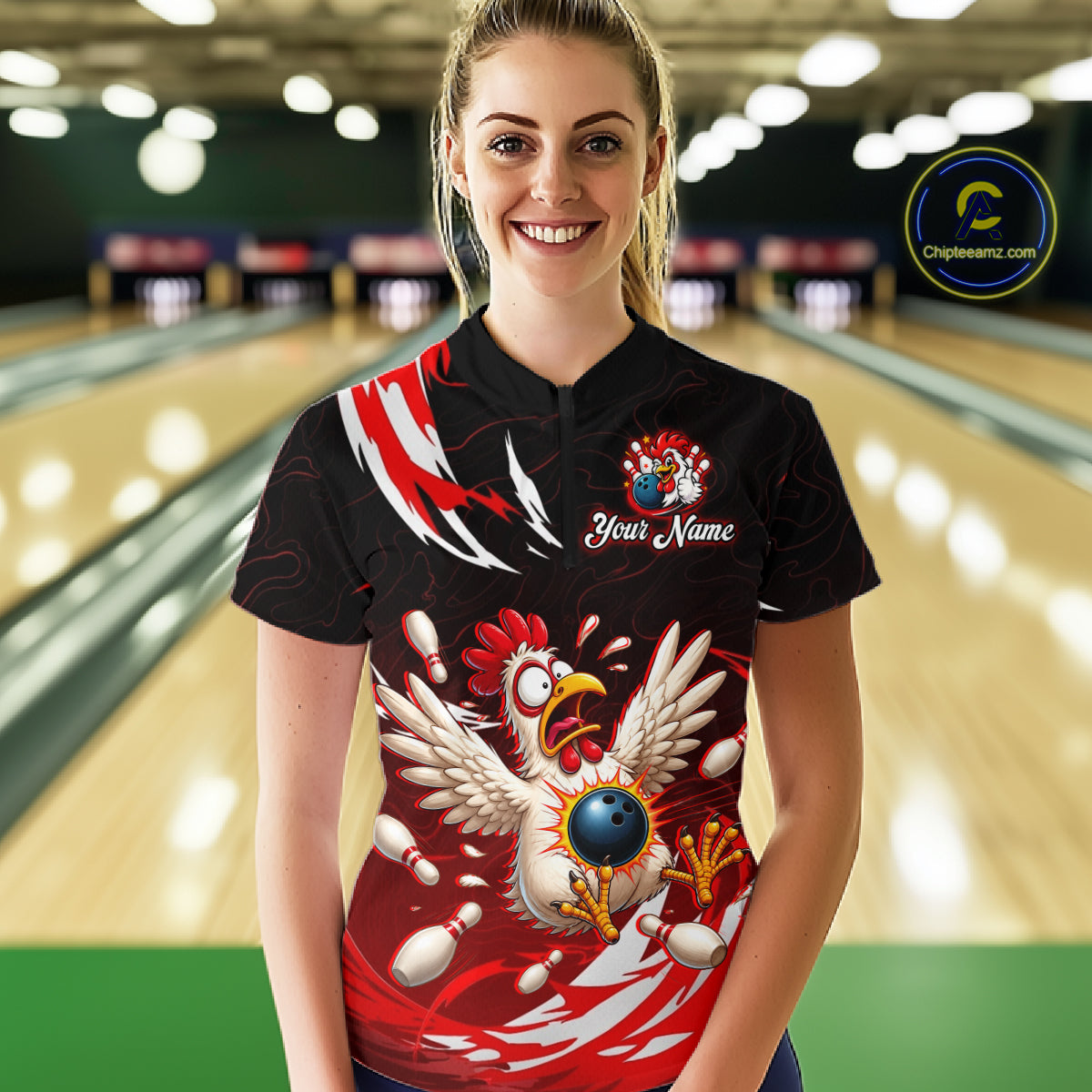 Woman wearing a custom bowling shirt with a chicken design in a bowling alley.