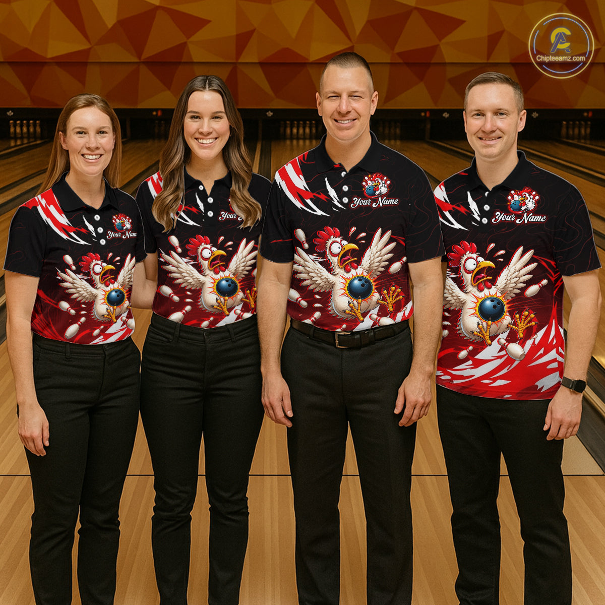 Four people wearing matching bowling shirts with a chicken design on a bowling alley.
