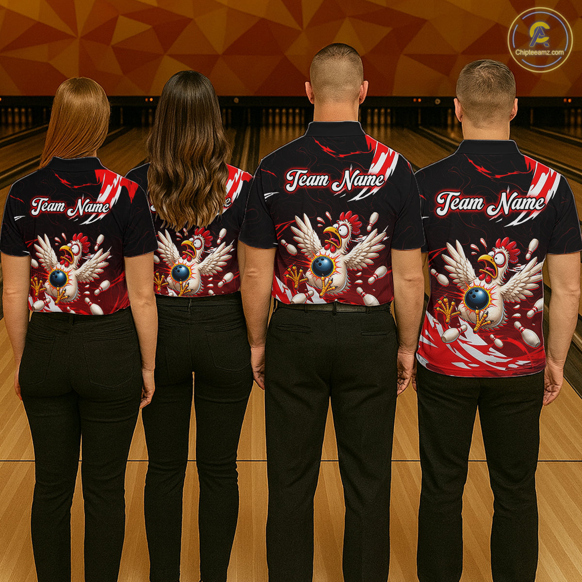 Four people wearing bowling shirts with a chicken design on a bowling alley.