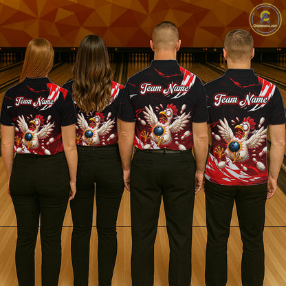 Four people wearing bowling shirts with a chicken design on a bowling alley.