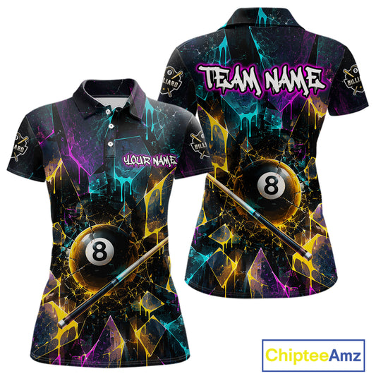Front and back view custom colorful shattered glass 8 ball billiard polo shirt featuring personalized team name design