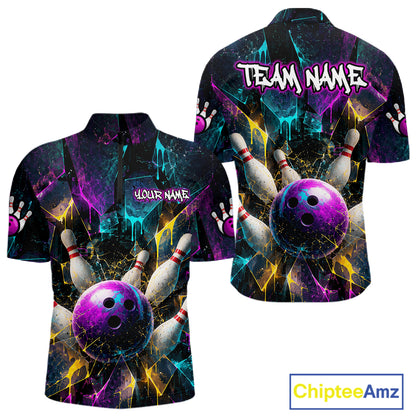 Front and back views of a short-sleeve bowling-themed shirt with a vibrant cosmic design featuring a purple bowling ball, bowling pins, and neon splatters on a black background. The back features 'TEAM NAME' and the front has 'YOUR NAME' placeholders.