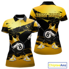 Load image into Gallery viewer, Front and back view custom black and gold geometric crown 8 ball billiard polo shirt featuring personalized team name design
