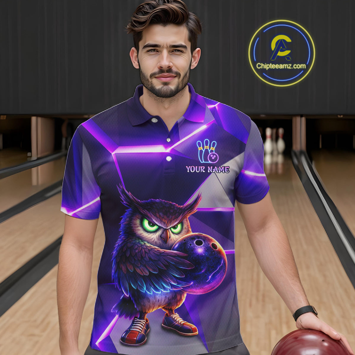 Personalized Purple Neon Owl Bowling Shirt for Men Bowling Jersey Gift for Bowler Polo & 1/4-Zip QZT904