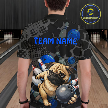Person wearing a bowling-themed shirt with a pug holding a bowling ball in a bowling alley.