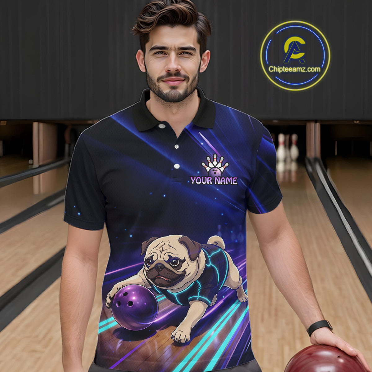 Funny Pug Dog Bowling Team Shirt for Men Custom Bowling Jersey Polo & 1/4-Zip Bowling Unisex QZT908