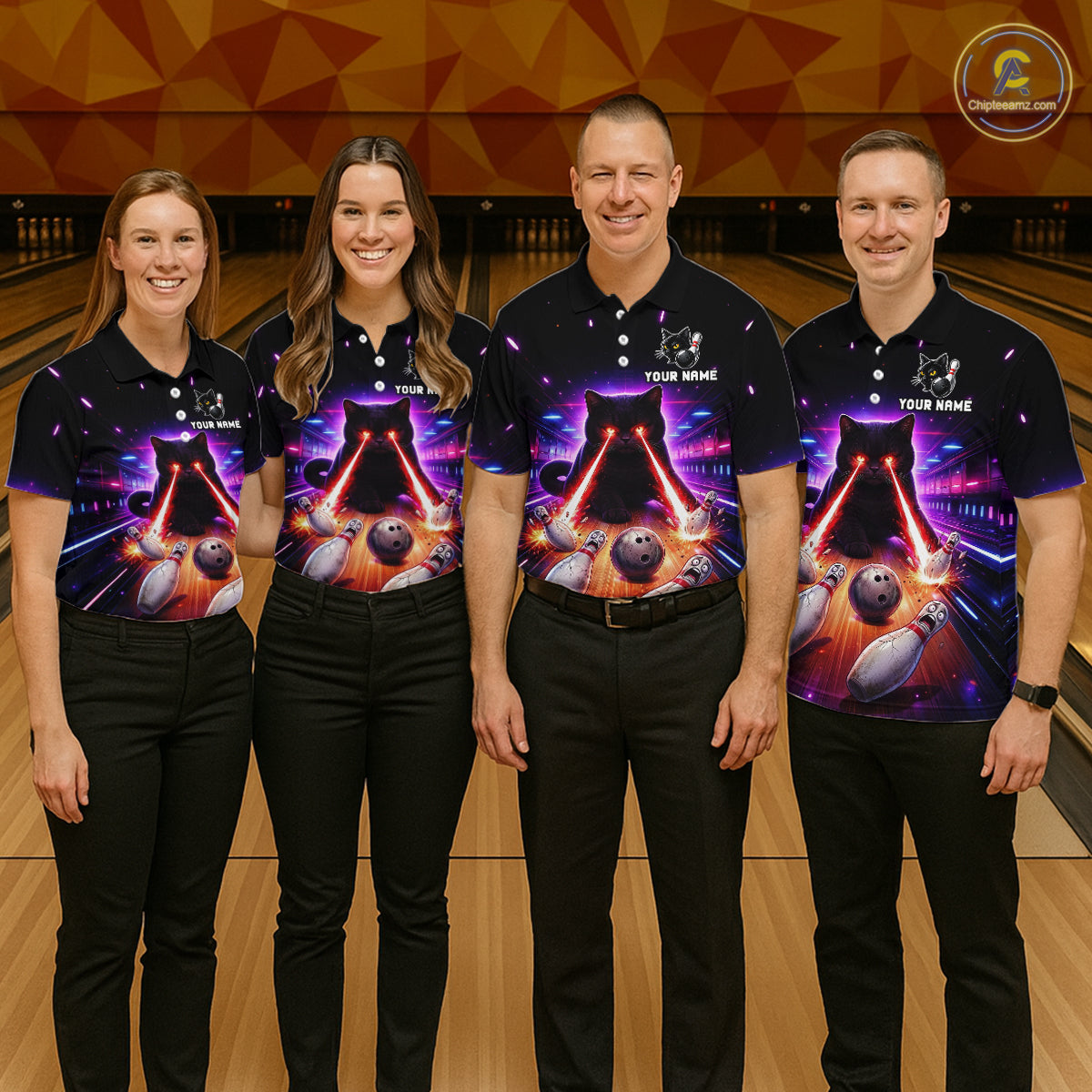 Custom Alien Cat Bowling Team Shirt for Men UFO Bowling League Jersey Polo & Quarter-Zip Bowling Outfit QZT989
