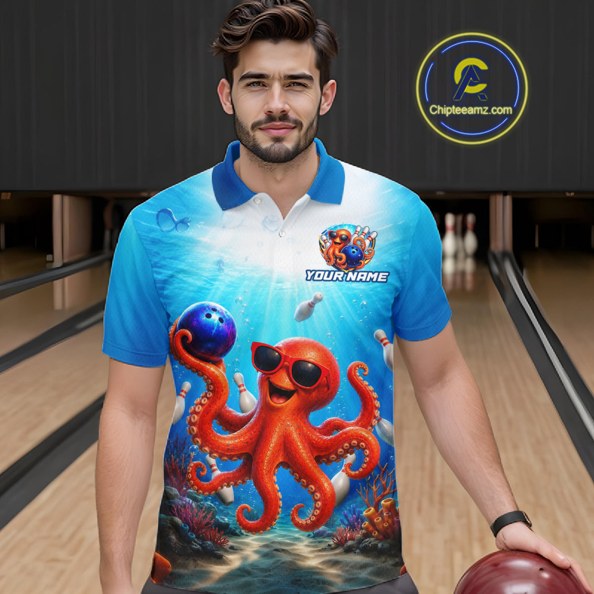 Man wearing a bowling shirt with an octopus design on a bowling alley.