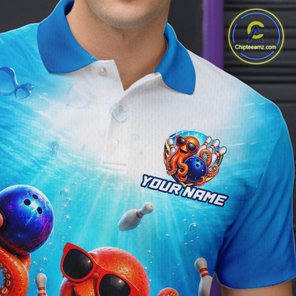 Blue and white polo shirt with colorful design and 'Your Name' text on a person wearing it.