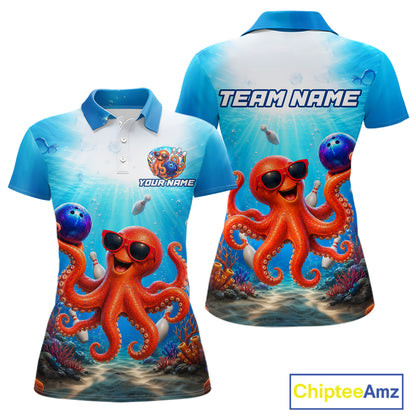 Colorful polo shirt with octopus design and customizable text on a white background