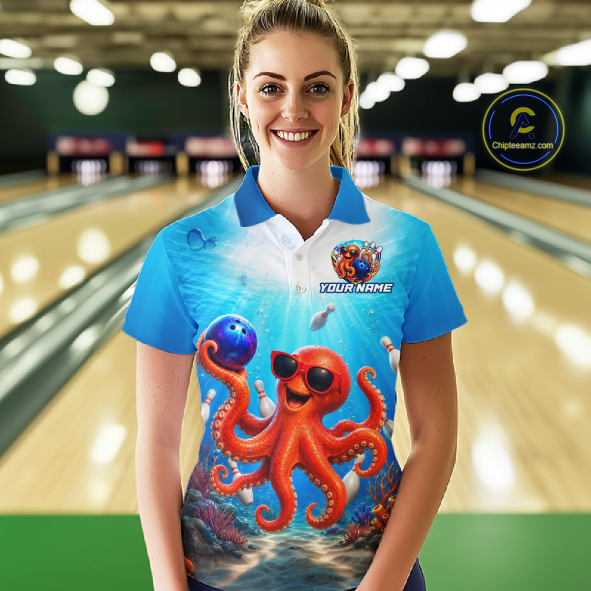 Person wearing a blue bowling shirt with an octopus design in a bowling alley.