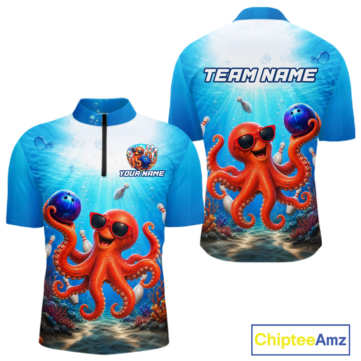 Blue and white shirt with an octopus design and 'Team Name' text on a white background