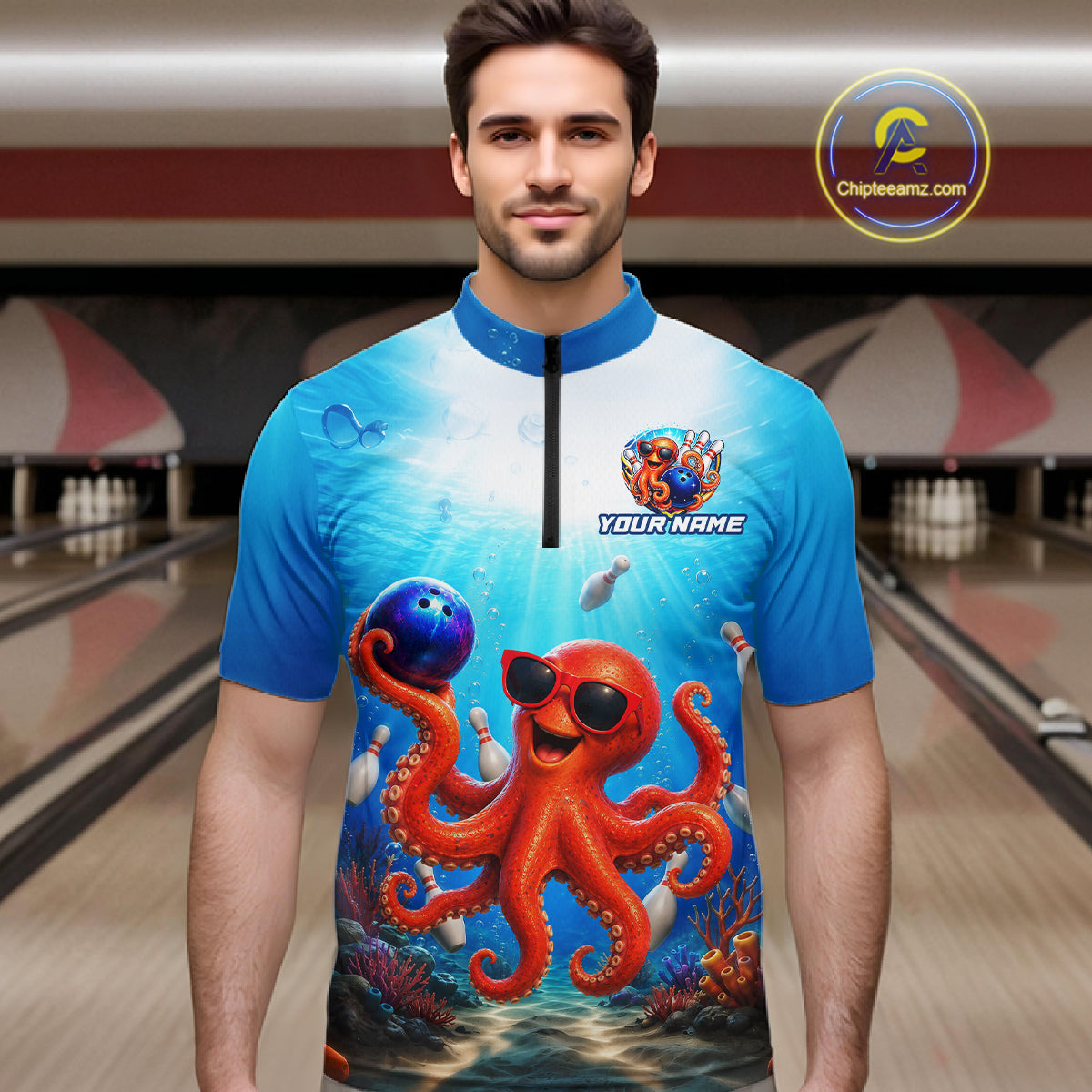 Man wearing a blue and white bowling shirt with an octopus design in a bowling alley.