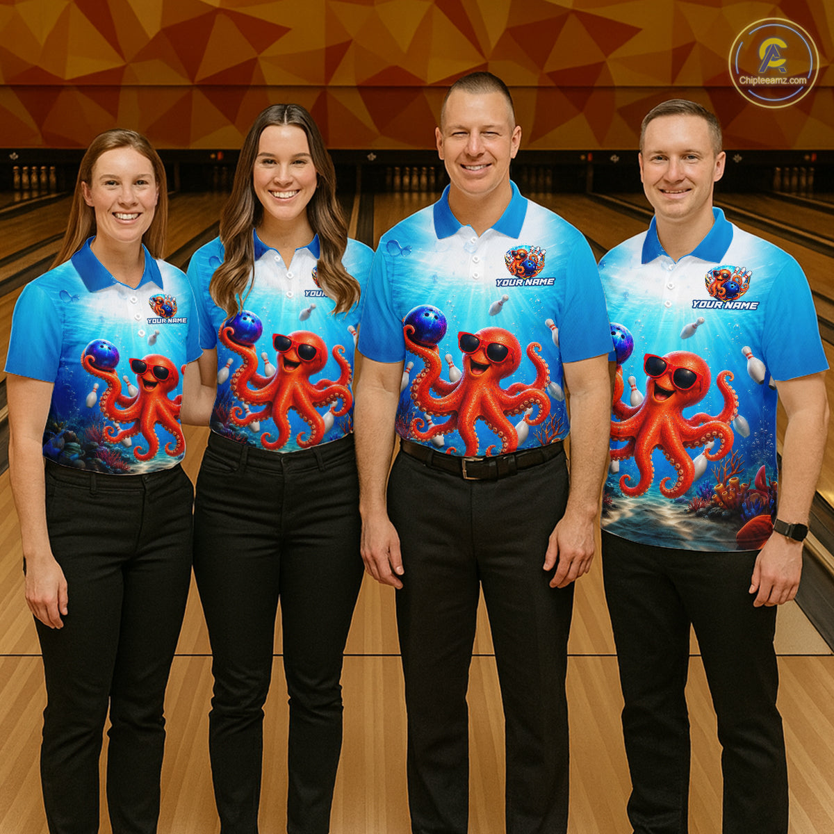 Four people wearing matching bowling shirts with octopus designs on a bowling alley.