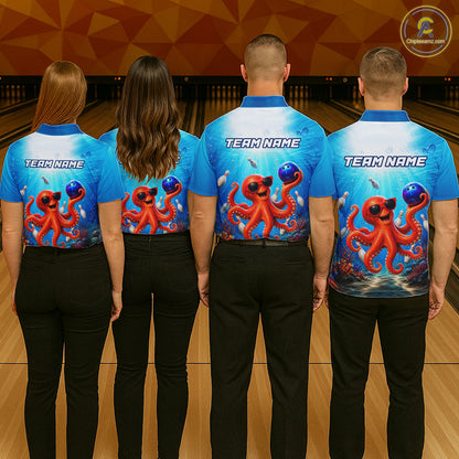 Four people wearing blue bowling shirts with octopus design and 'TEAM NAME' text at a bowling alley.