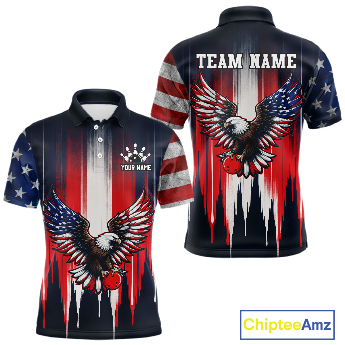 Polo shirt with American flag design and eagle graphics on a white background, featuring 'Chiptee Amz' branding.