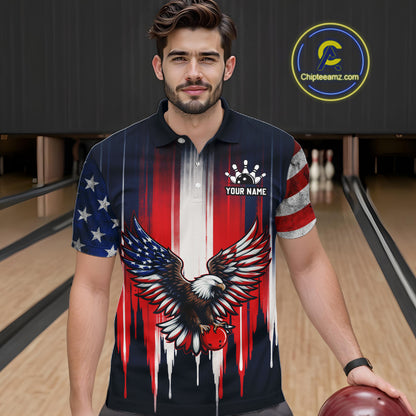 Man wearing a patriotic polo shirt with an eagle design in a bowling alley.