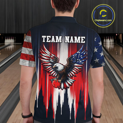 Person wearing a bowling shirt with an eagle design and 'TEAM NAME' text in a bowling alley.