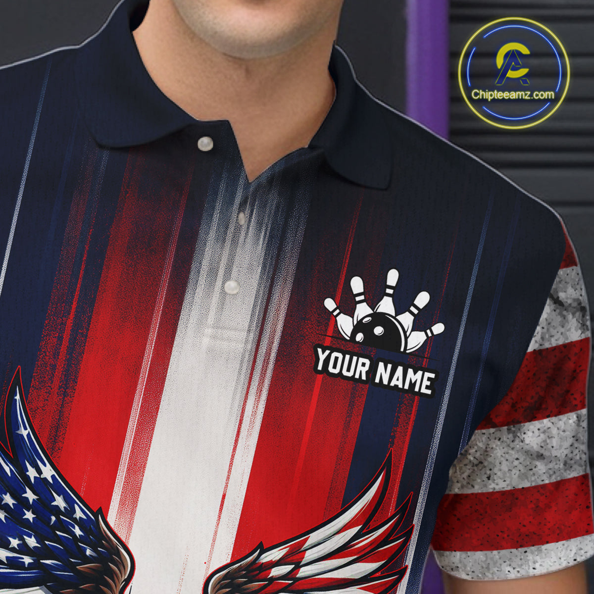 Polo shirt with American flag design and customizable name text, brand 'Chipteeamz' visible.