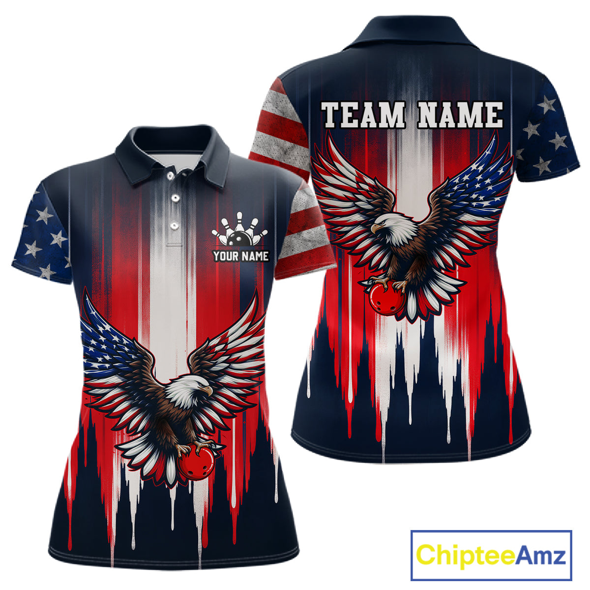 Polo shirt with American flag design and eagle graphics on a white background
