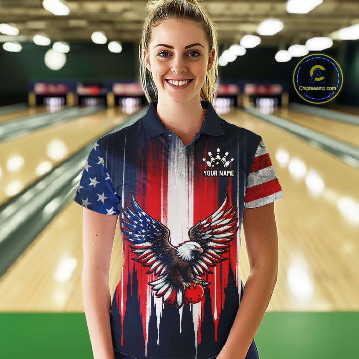 Woman wearing a personalized bowling shirt with an eagle design in a bowling alley.