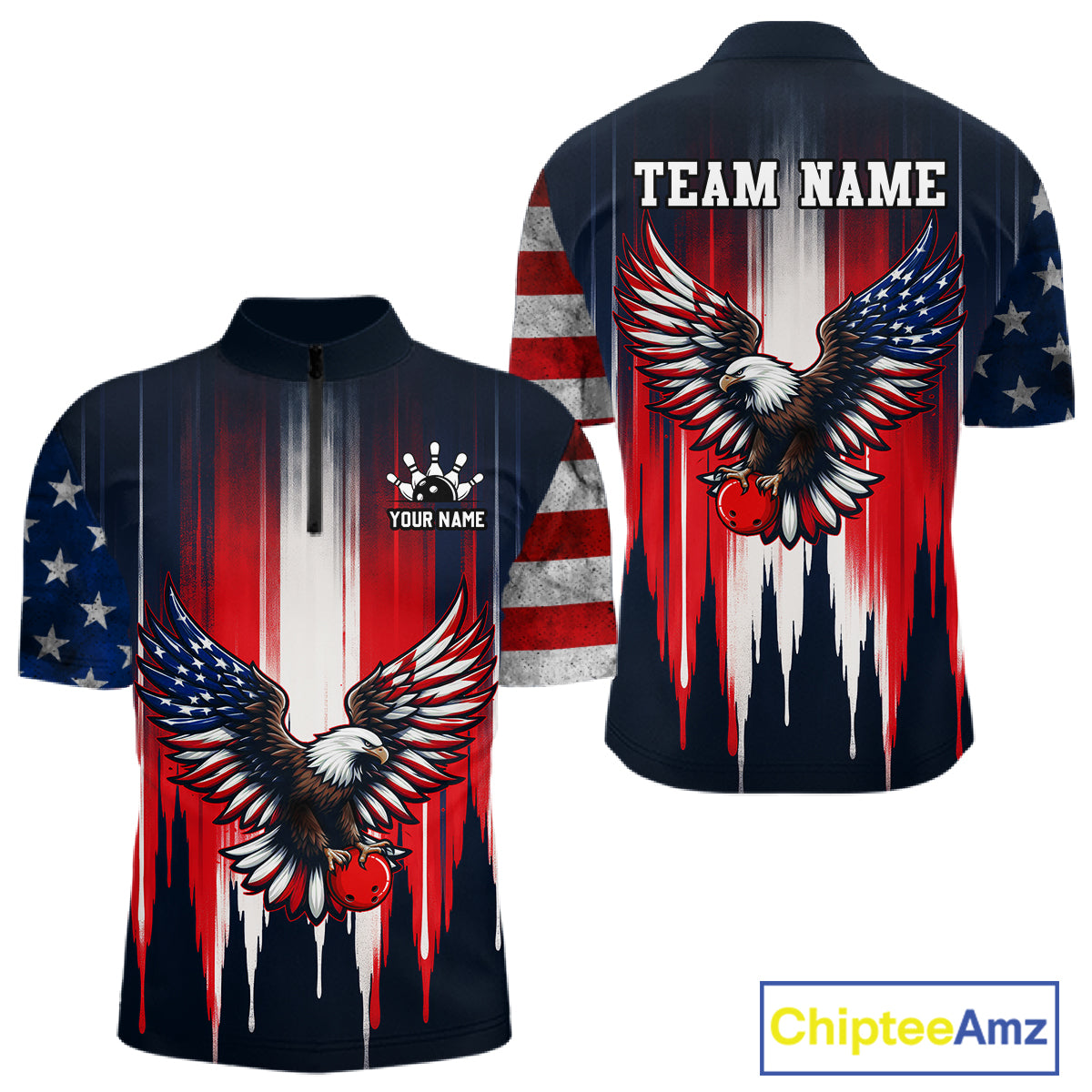 American flag-themed shirt with eagle design on a white background, featuring customizable text.